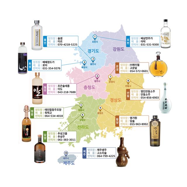 전국 전국의 `찾아가는 양조장` 중, 주요 10개 양조장과 그곳에서 마실 수 있는 증류식 소주. 대동여주도` 제공