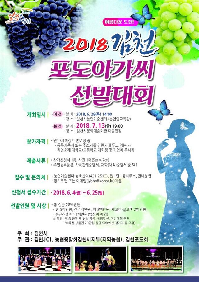 다음달 13일 김천문화예술회관에서 열리는 2018 김천포도아가씨선발대회 참가신청 접수를 오는 25일까지 받는다. 김천시 제공