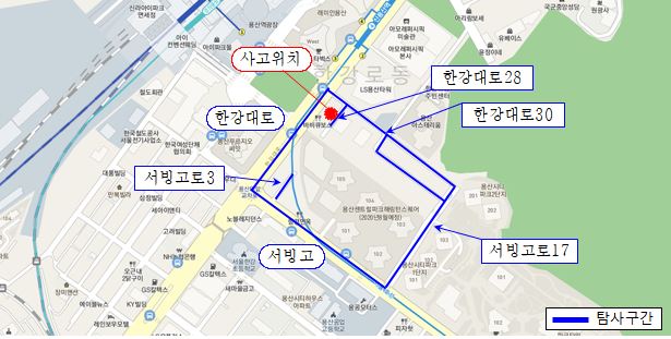 서울시가 '공동'을 찾기 위해 파란색 선으로 표시된 구간에 대해 GPR 탐사를 실시했다. 서울시 제공