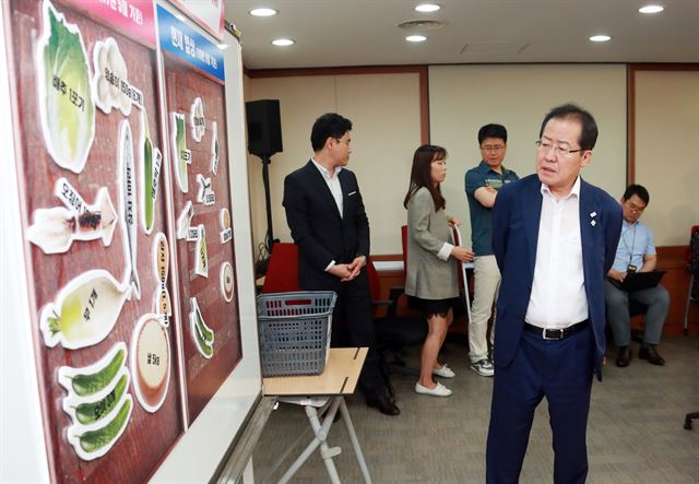 홍준표 자유한국당 대표가 7일 오후 서울 여의도 한국당 당사에서 열린 중앙선거대책위원회 선거 점검회의에 앞서 1년전 물가와 현재 물가를 비교하는 밥상게시판을 바라보고 있다. 뉴스1