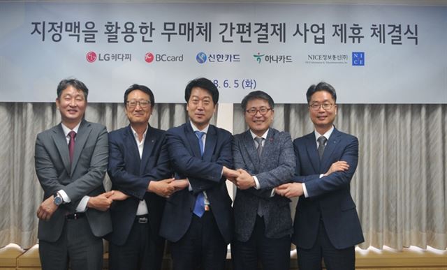 신한카드, 비씨카드, 하나카드는 LG히다찌, 나이스정보통신과 함께 생체 인증 기술인 지정맥을 활용한 무매체 간편 결제 사업을 추진하기로 했다. 5일 서울 마포구 LG히다찌 본사에서 열린 제휴조인식에 참석한 박정우(왼쪽부터) 나이스정보통신 법인사업본부장, 김정수 신한카드 디지털사업본부장, 이석희 LG히다찌 솔루션&서비스사업본부장, 최정윤 비씨카드 디지털혁신본부장, 정성민 하나카드 미래사업본부장. 신한카드 제공