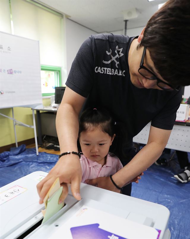 6ㆍ13 지방선거 투표일인 13일 오전 인천 부평구 대정초등학교 투표소에서 한 아이가 아빠와 함께 투표용지를 투표함에 넣고 있다. 뉴스1