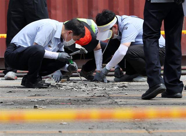 21일 오후 부산 북항 자성대부두 내 붉은 불개미가 발견된 컨테이너 야적장에서 농림축산검역본부가 전문가와 함께 합동 조사를 하고 있다. 연합뉴스