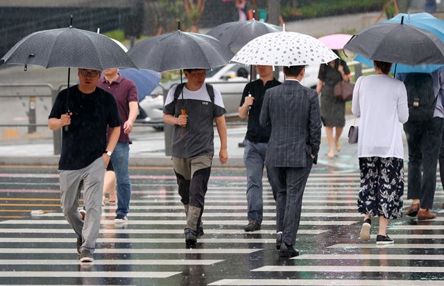 장마가 시작된 26일 오전 서울 서초구 양재역 인근 횡단보도에서 시민들이 우산을 쓰고 출근하고 있다. 연합뉴스.