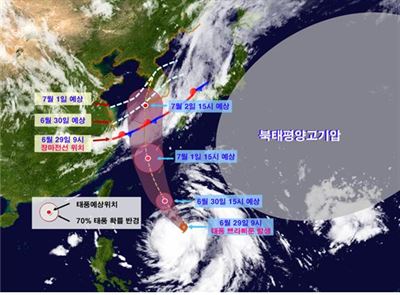 제7호 태풍 쁘라삐룬(PRAPIROON) 예상 경로와 장마전선 예상 위치. 기상청 제공.