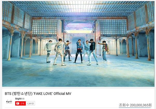 방탄소년단의 ‘FAKE LOVE’가 2억뷰를 돌파했다. 빅히트엔터테인먼트 제공