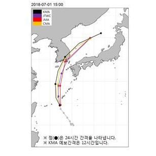 지난 1일 오후 3시 한국 기상청(KMA), 미국 합동태풍경고센터(JTWC), 일본 기상청(JMA), 중국 기상청(CMA)이 밝힌 쁘라삐룬의 예상 경로. 일본 기상청이 가장 먼저 쁘라삐룬이 한국에 상륙하지 않을 것으로 예상했다. 기상청 제공