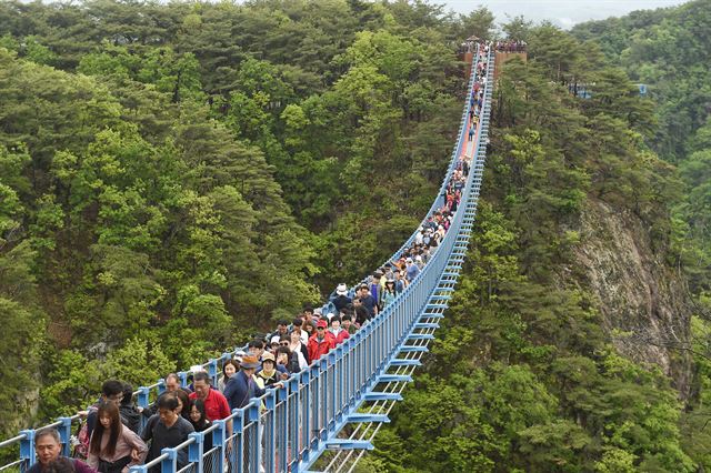 작은 금강산이라 불리는 원주 소금산에 설치된 출렁다리 방문객이 1월 개장 이후 130만명을 돌파하는 등 전국적인 명소로 떠올랐다. 원주시 제공