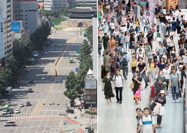 서울의 낮기온이 36도까지 오르는 등 전국적으로 폭염이 계속되고 있는 가운데 22일 서울 광화문 일대가 한산한 모습(왼쪽)을 보이고 있다. 반면 휴가철을 맞아 인천국제공항 출국장은 오전부터 해외로 출국하는 관광객으로 붐비고 있다. 연합뉴스