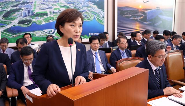 김현미 국토교통부 장관이 23일 오전 서울 여의도 국회 본청 국토교통위원회 회의실에서 열린 전체회의에서 업무보고를 하고 있다. 뉴시스