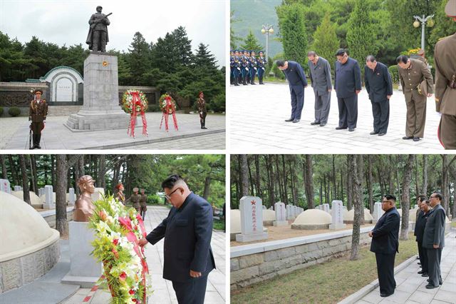 김정은 북한 국무위원장이 정전협정 체결 65주년을 맞아 6ㆍ25 전쟁 중 전사한 마오쩌둥(毛澤東) 장남 마오안잉(毛岸英) 묘를 찾았다고 노동당 기관지 노동신문이 27일 보도했다. 연합뉴스