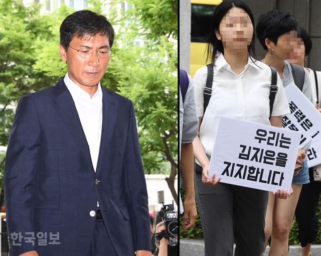 수행비서를 성폭행한 혐의를 받고 있는 안희정 전 충남지사에 대한 2차 공판이 열린 6일 서울서부지법에서 안희정 전 충남지사가 출석 하자 피해자 김지은 씨를 지지 하는 시민단체 회원들이 팻말을 들고 있다. 신상순 선임기자