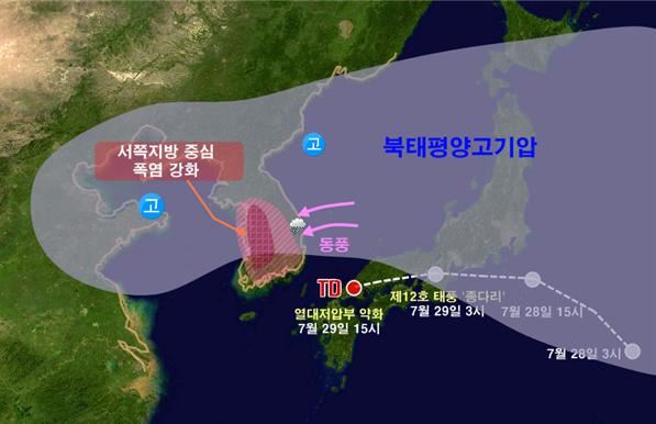 30일 오후 한반도 주변 기압계 모식도. 기상청 제공