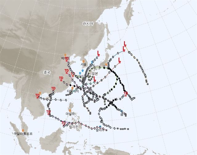 올해 발생한 태풍 진로도. 우리나라에 상륙한 태풍은 없다. 기상청 제공