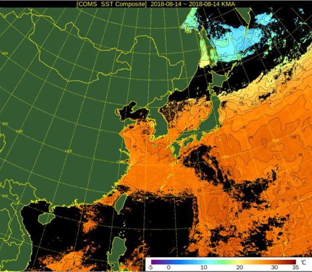 광복절인 15일에도 한반도 주변 해수면 온도가 30도 안팎을 기록해 낮 최고기온이 37도에 이르는 등 폭염이 계속되고 있다. 기상청이 우리나라 최초의 정지궤도복합위성인 천리안위성(Communication, Ocean and Meteorogical Satellite : COMS)의 자료를 15분 간격으로 처리한 화면. 연합뉴스