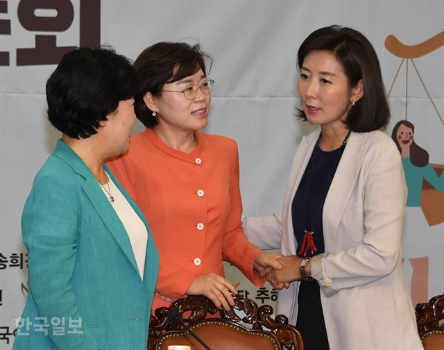 [저작권 한국일보] 24일 국회 의원회관에서 열린 비동의 간음죄 도입을 위한 국회 토론회에서 자유한국당 나경원(오른쪽)과 민주평화당 조배숙(왼쪽) 전 대표, 자유한국당 김정재 의원이 대화를 나누고 있다. 오대근기자 ininer@hankookilbo.com