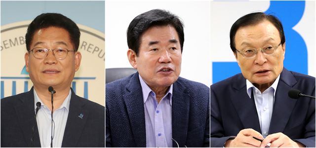 더불어민주당 송영길(왼쪽부터), 김진표, 이해찬 당 대표 후보가 전당대회를 하루 앞둔 24일 국회에서 각각 기자회견을 하고 있다.연합뉴스