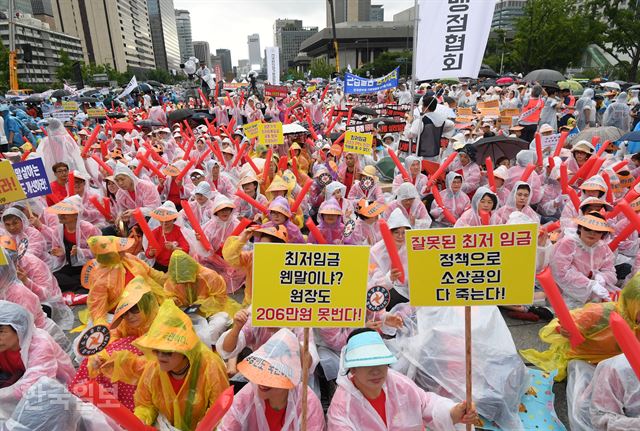 29일 오후 서울 광화문광장에서 열린 전국 소상공인 최저임금 제도개선 촉구대회에서 참가자들이 구호를 외치고 있다. 홍인기 기자