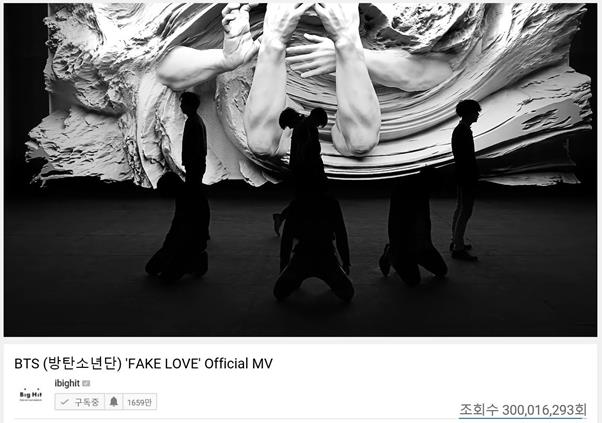 방탄소년단 ‘FAKE LOVE’ 뮤직비디오 조회수가 3억뷰를 돌파했다.빅히트 엔터테인먼트 제공