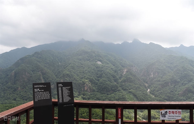 첫 번째 전망대. 폭포는 보이지 않고, 맞은편 산줄기가 병풍처럼 펼쳐진다.