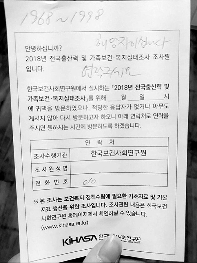 조사원이 부재중 가구 문에 붙인 출산력 조사 안내문. 개인정보 노출 우려가 제기됐다. 트위터 캡처