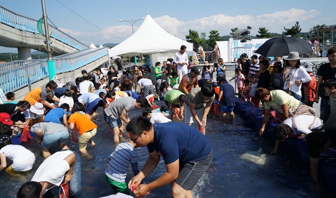 지난해 무창포 가을 대하ㆍ전어축제에 참가한 관광객들이 맨손으로 대하를 잡고 있다. 보령시 제공