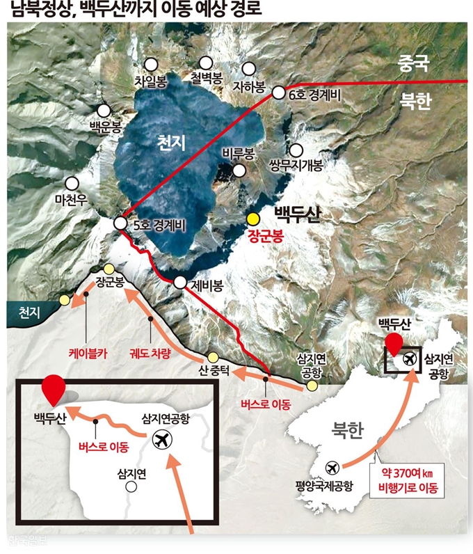 남북정상, 백두산까지 이동 예상 경로 그래픽=송정근 기자