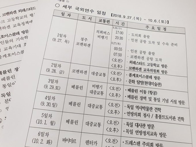 27일 유럽으로 출국하는 충북도의회 교육위원회 국외연수 일정. 덴마크 코펜하겐공항 도착 직후 행복교육으로 이름난 외레스타드 고등학교를 방문하는 등 세부 일정이 빡빡하다. 주말에도 관광지가 아닌 박물관, 미술관 등을 찾는다. 충북도의회 제공