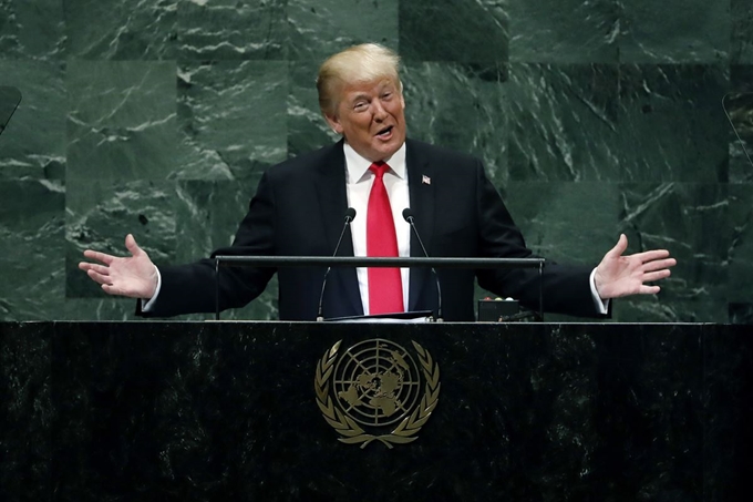 [PAP20180926065001848] President Donald Trump addresses the 73rd session of the United Nations General Assembly, at U.N. headquarters, Tuesday, Sept. 25, 2018. A sound of sudden, loud and unexpected laughter was directed at Trump as he addressed global le