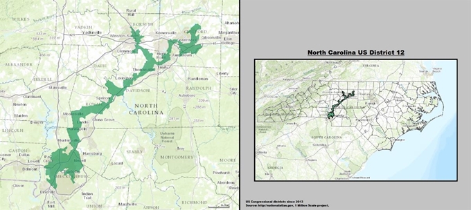노스캐롤라이나 주 제12선거구(2013년~2017년)의 게리맨더링 출처: http://nationalatlas.gov