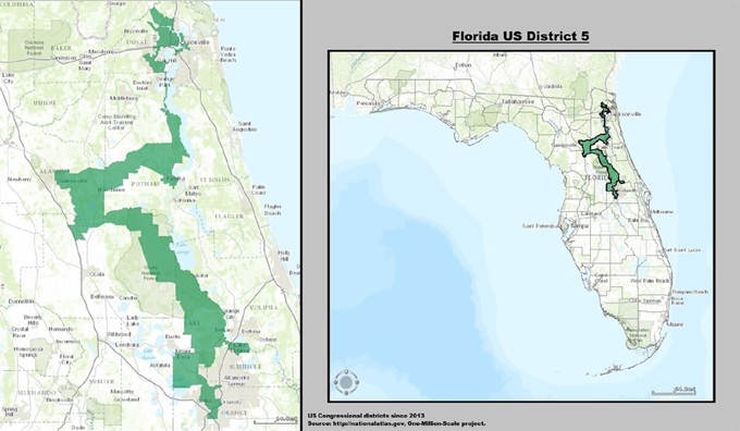 플로리다 주 제5선거구의(2013년~2017년)의 게리맨더링. 출처: http://nationalatlas.gov