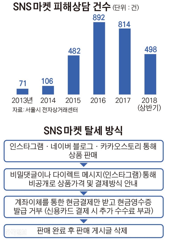 SNS 마켓 피해상담 건수와 탈세 방식. 그래픽=김경진기자