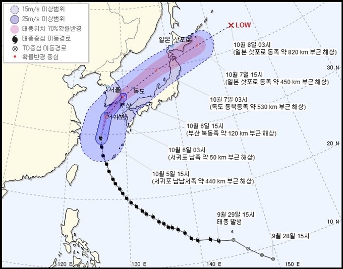 제 25호 태풍 콩레이의 예상 경로(5일 오후 3시 예보). 기상청 제공.