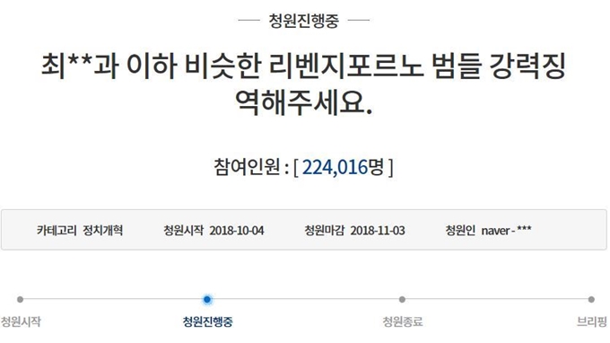 ’리벤지 포르노’에 대한 강력한 처벌을 요구하는 청와대 국민청원이 4일 청원이 시작된 지 6일 만에 참여자 수 22만명을 넘어섰다. 청와대 국민청원 게시판 캡처