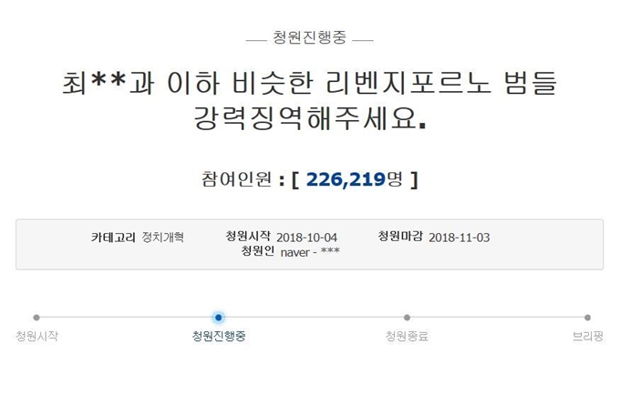 ’리벤지 포르노’에 대한 강력한 처벌을 요구하는 청와대 국민청원 참여자가 12일 현재 22만4,016명을 기록하고 있다. 청와대 국민청원 게시판 캡처