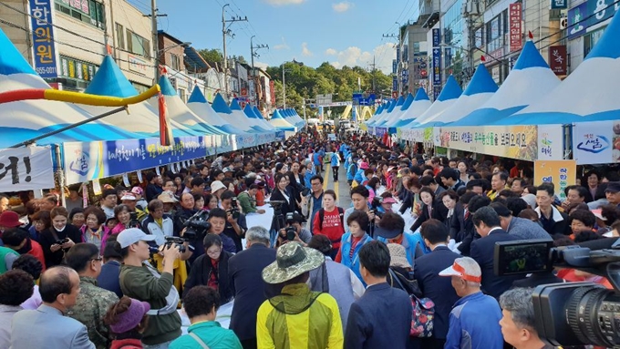 관광객들이 14일 예천농산물축제가 열린 예천읍 시가지에서 구경을 하고 있다. 예천군 제공