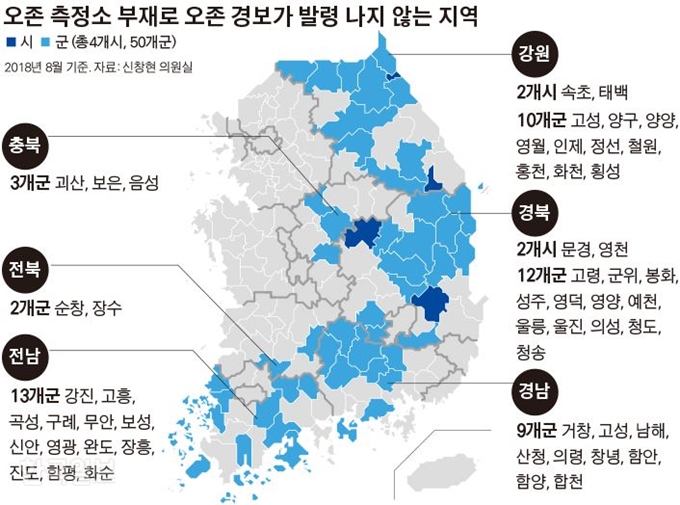 [저작권 한국일보]오존 측정소 부재로 오존 경보가 발령 나지 않는 지역 그래픽=김경진 기자