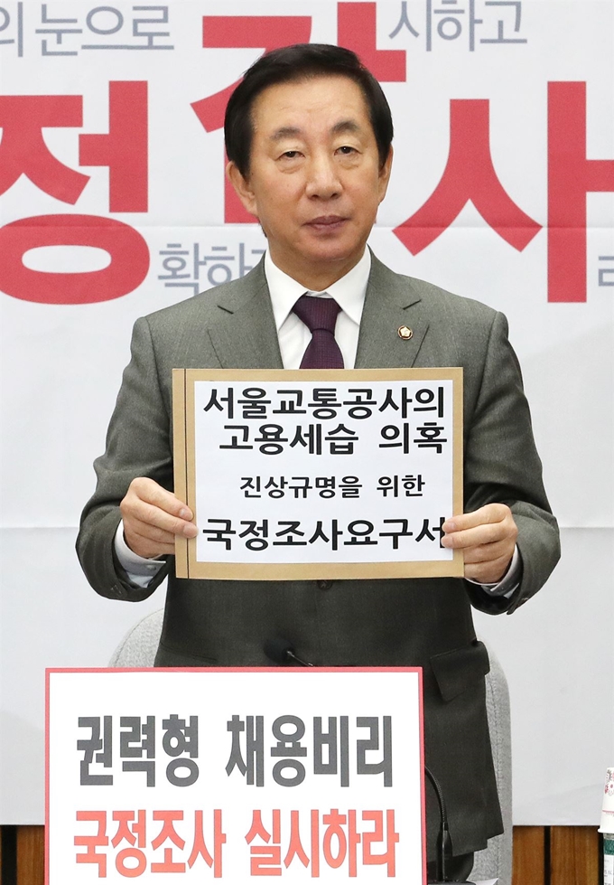 김성태 자유한국당 원내대표가 19일 오전 국회에서 열린 국정감사 대책회의에서 서울교통공사의 고용세습 의혹 진상규명을 위한 국정조사요구서를 들어보이고 있다. 연합뉴스