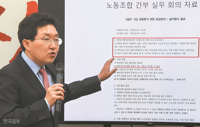 김용태 자유한국당 사무총장이 17일 국회에서 서울시 산하 서울교통공사가 전·현직 자녀의 직원을 정규직 전환이 예정된 무기계약직으로 특혜 채용했다는 의혹 관련 기자회견을 하고 있다. 오대근 기자