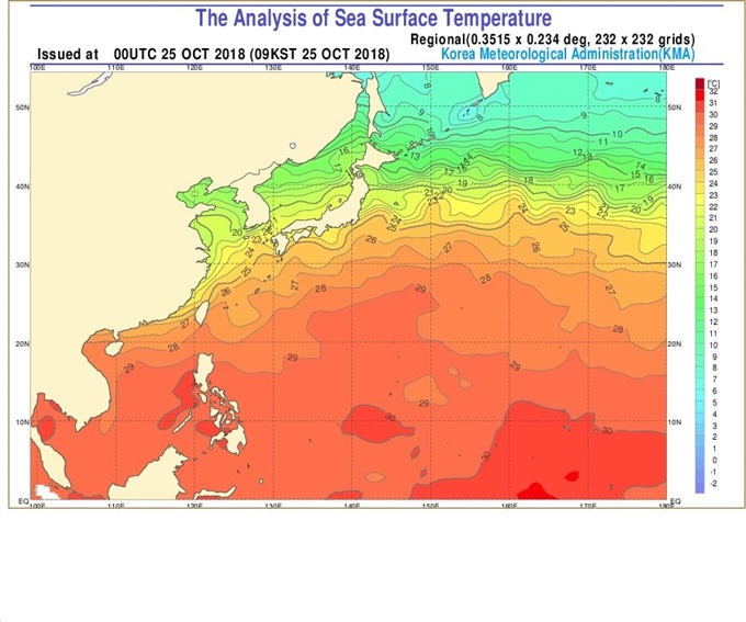 지난 25일 아시아-서태평양 해수면 온도. 기상청 제공.