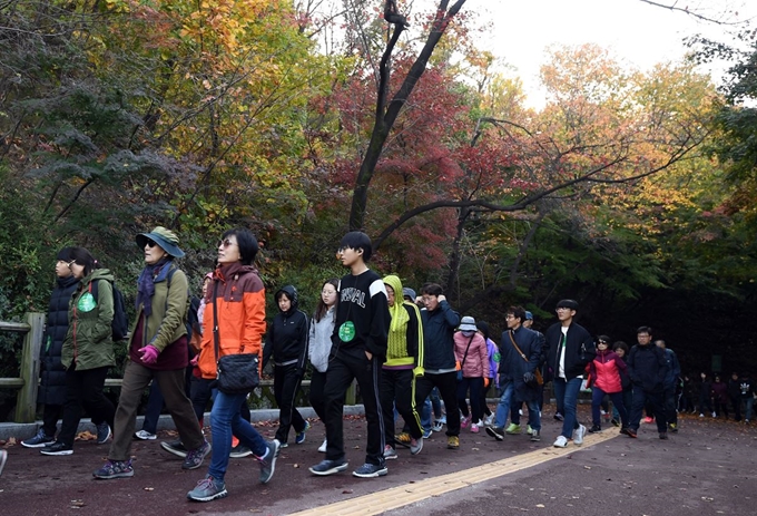 남산 걷기대회 행사에 참석한 시민들이 단풍이 물든 남산 둘레길을 걷고 있다. 홍인기 기자