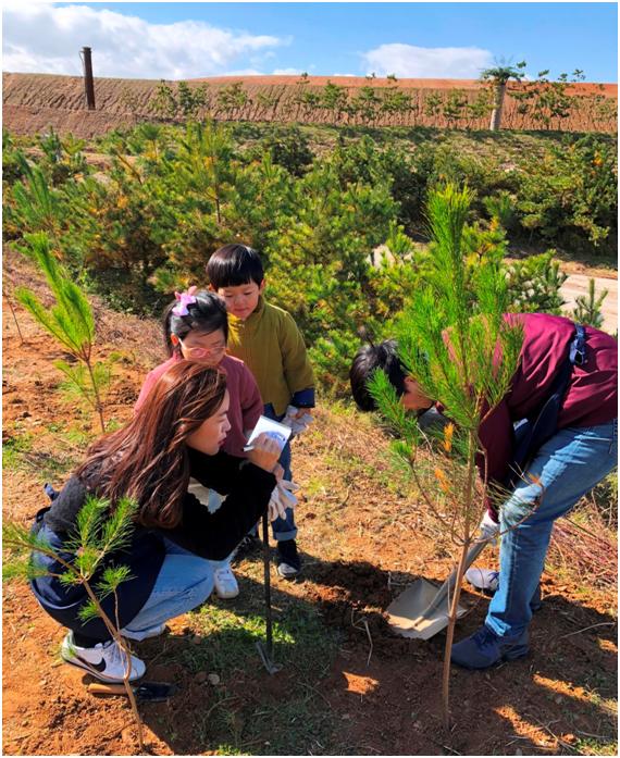 27일 인천 서구 수도권매립지 제2매립장에서 열린 한화 태양의 숲 7호 조성을 위한 식수 행사에 참여한 한 가족이 직접 심은 나무 옆에 꽂을 이름표에 이름을 쓰고 있다.