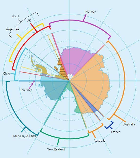 남극조약 체결 전, 7개 국가가 주장하는 영토 범위 /위키피디아 캡처