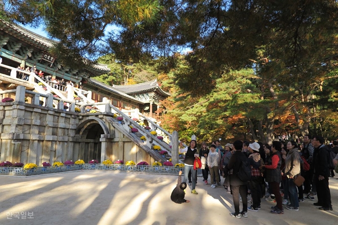 최근 경주시티투어 세계문화유산투어에 나선 관광객들이 불국사에서 문화관광해설사의 설명을 경청하고 있다. 윤희정기자 yooni@hankookilbo.com