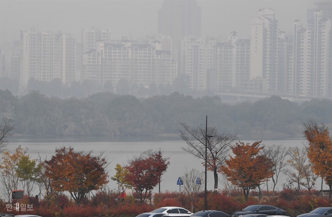 미세먼지가 기승을 부린 6일 오후 단풍이 물든 서울 한강공원 여의도지구 뒤편 밤섬과 마포 일대가 뿌옇게 보인다.