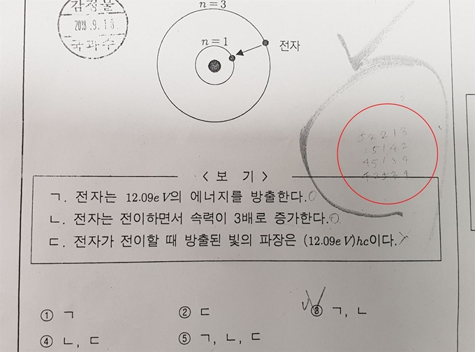 12일 오전 서울 수서경찰서가 공개한 숙명여고 쌍둥이 문제유출 사건의 압수품인 시험지. 시험지에 해당 시험 문제의 정답(빨간 원)이 적혀있다. 수서경찰서 제공