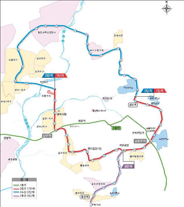 광주 도시철도 1호선(녹색)과 2호선(빨간색ㆍ파란색ㆍ보라색) 노선도. 광주시 제공