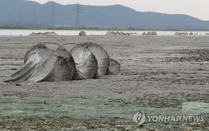 지난 8월 가뭄으로 말라가고 있는 충남 당진 대호호 모습. 연합뉴스.