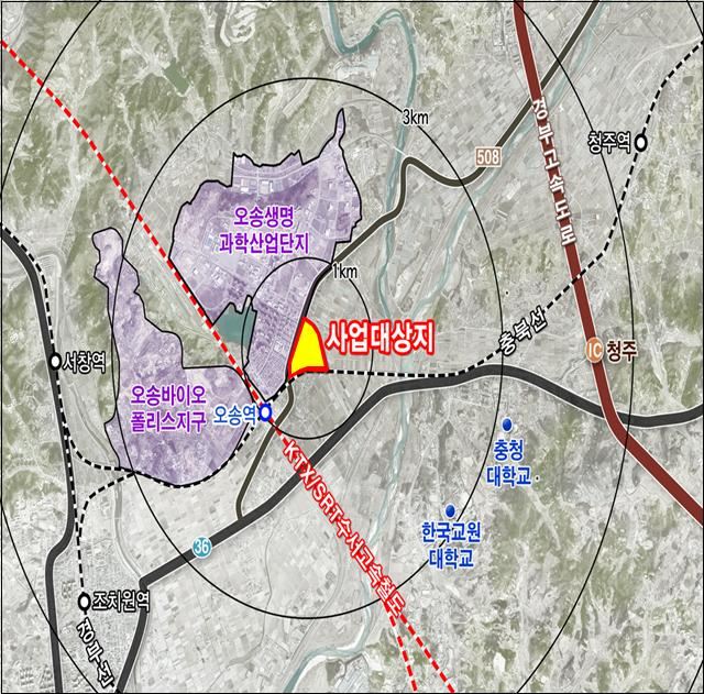 청주전시관(가칭) 건립 위치도. 국내 유일의 고속철도 분기역인 KTX오송역 인근에 자리한다. 충북도 제공