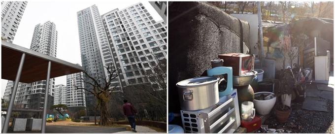 2018년 한국 사회의 ‘집값 폭등’은 우리에게 집의 본질에 대한 질문을 던졌다. 3.3㎡ 당 가격이 1억원에 육박하는 서울 서초구 반포동 아크로리버파크 아파트 단지(왼쪽)와 월 3만원을 땅 주인에게 내고 사는 서초구 방배동 액화천연가스(LNG) 저장소 옆 무허가 비닐하우스촌인 전원마을(오른쪽)의 모습이 대조를 이루고 있다. 신상순선임기자ㆍ서재훈기자